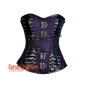 Purple And Black Brocade Leather Steampunk  Waist Training Overbust Corset Bustier Top
