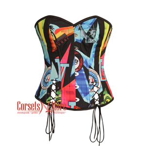 Multi Printed Satin With Front Lace Overbust Costume Waist Cincher Cosplay Corset