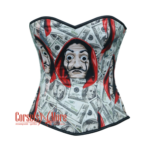 Dollars with Money Heist Halloween Mask Printed Satin Overbust Corset