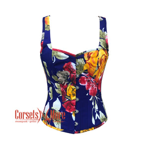 Multicolor Print Burlesque Polyester Corset With Shoulder Straps Overbust Floral Costume Bustier Top
