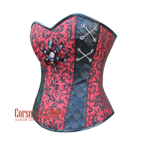 Red and Black Brocade Steampunk Leather Gothic Costume Overbust Corset Top