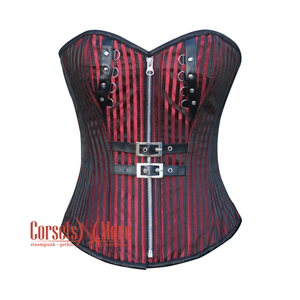 Red And Black Brocade Gothic Front Zipper Leather Overbust Corset Halloween Top