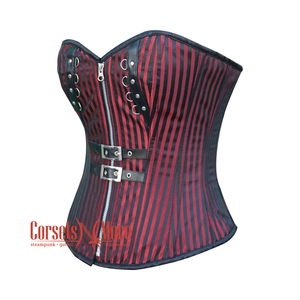 Red And Black Brocade Gothic Front Zipper Leather Overbust Corset Halloween Top