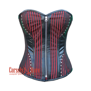 Plus Size Red And Black Brocade Gothic Zipper Leather Overbust Corset