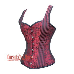 Red And Black Brocade Halloween Plus Size Corset with Shoulder Strap Overbust Top