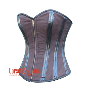 Plus Size Brown Cotton Leather Stripe Steampunk Double Bone Costume Overbust Corset