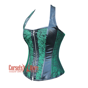 Plus Size Green And Black Brocade Leather Shoulder Strap Halloween Overbust Corset