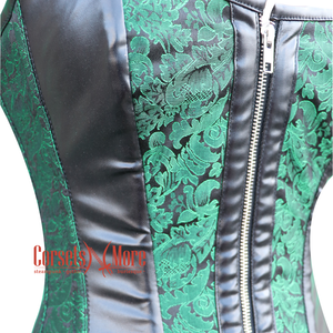 Plus Size Green And Black Brocade Leather Shoulder Strap Halloween Overbust Corset