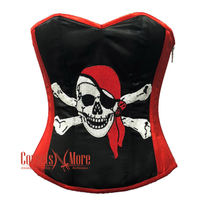 Red and Black Satin Pirate Sequins Work Costume Bustier Steampunk Waist Cincher Overbust Top