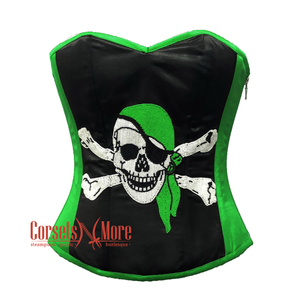Plus Size Green and Black Satin Pirate Sequins Work Costume Bustier Steampunk Waist Cincher Overbust Top