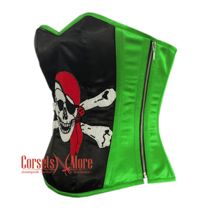 Green and Black Satin Pirate Sequins Work Costume Bustier Steampunk Waist Cincher Overbust Top