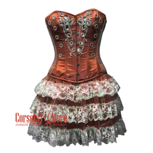 Brown Satin Silver Sequins Burlesque Dress With Net Frill Skirt Corset Gothic Overbust Costume