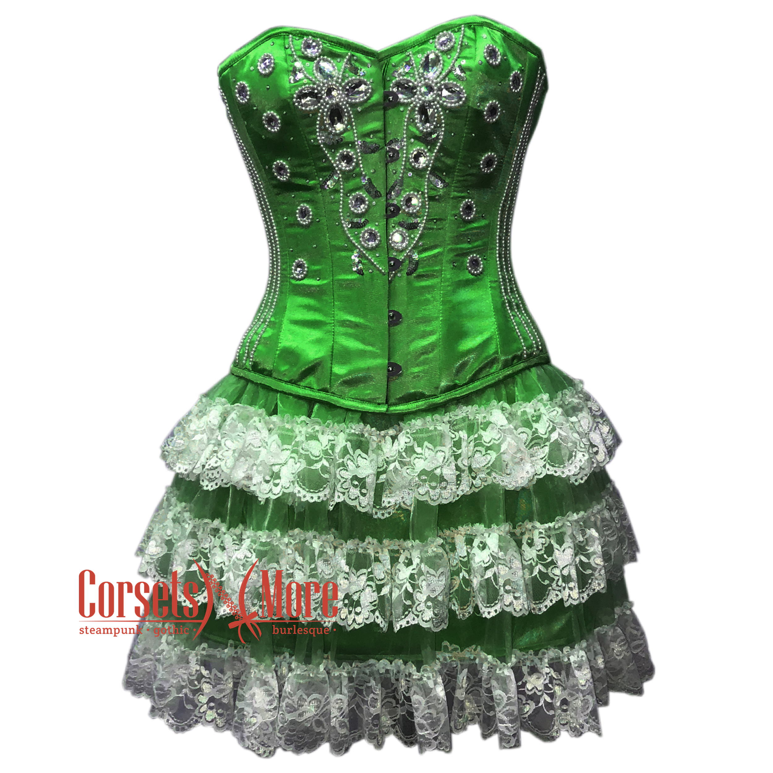 Green Satin Black Sequins Gothic Burlesque Overbust Corset – CorsetsNmore