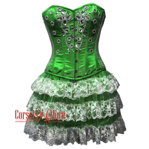Plus Size Green Satin Silver Sequins Burlesque Dress With Net Frill Skirt Corset Gothic Overbust Costume