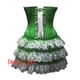 Green Satin Silver Sequins Burlesque Dress With Net Frill Skirt Corset Gothic Overbust Costume