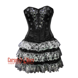 Plus Size Black Satin Silver Sequins Burlesque Dress With Net Frill Skirt Corset Gothic Overbust Costume