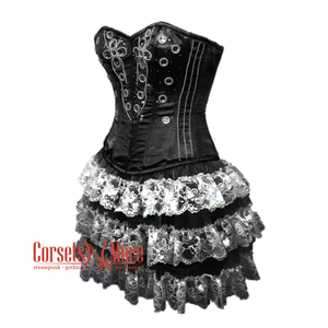 Plus Size Black Satin Silver Sequins Burlesque Dress With Net Frill Skirt Corset Gothic Overbust Costume