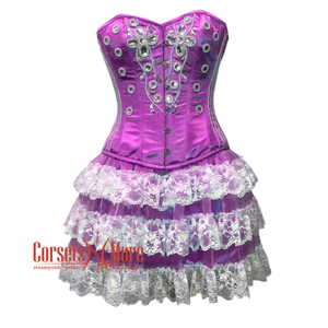 Plus Size Purple Satin Silver Sequins Burlesque Dress With Net Frill Skirt Corset Gothic Overbust Costume