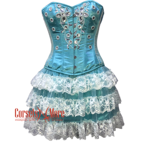 Turquoise Satin Silver Sequins Burlesque Dress With Net Frill Skirt Corset Gothic Overbust Costume