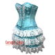 Turquoise Satin Silver Sequins Burlesque Dress With Net Frill Skirt Corset Gothic Overbust Costume