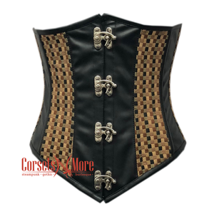 Plus Size Black Faux Leather With Brown Jute Steampunk Underbust Corset Heavy Duty Gothic Costume