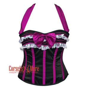Purple And Black Satin With Front Bow Halter Neck Burlesque Gothic Overbust Corset Top