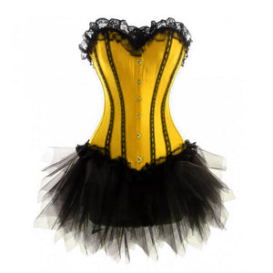 Yellow Satin Corset With Net Skirt Gothic Burlesque Waist Training Costume Overbust Dress