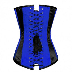 Blue Black Satin Gothic Burlesque Corset Waist Training LONGLINE Overbust - CorsetsNmore