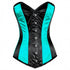 Baby Blue & Black Glossy Satin Burlesque Corset Waist Training LONGLINE Aqua Overbust Mesh Corset