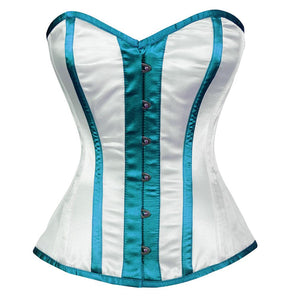 White Satin With Red Stripes Burlesque Overbust Plus Size Corset Waist Training - CorsetsNmore