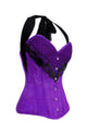 Purple Satin Corset Black Net Halter Neck Gothic LONGLINE Overbust Costume for Mardi Gras