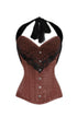 Brown Satin Corset Black Net Halter Neck Waist Training Overbust Costume