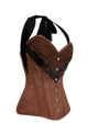 Plus Size Brown Satin Corset Black Net Halter Neck Waist Training LONGLINE Overbust Costume