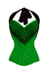 Green Satin Corset Black Net Halter Neck Waist Training Overbust