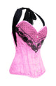 Plus Size Pink Satin Corset Black Net Halter Neck Waist Training LONGLINE Overbust