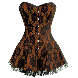 Plus Size Brown Satin Corset Black Net Gothic Burlesque Costume Overbust