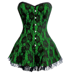 Green Satin Corset Net Waist Training Costume Overbust Dress