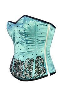 Baby Blue Zipper Satin Handmade Sequins Gothic Burlesque Corset Waist Training Overbust Top-