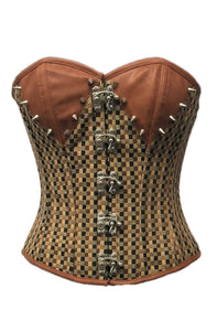 Brown Checkered Print Spikes Gothic Corset Steampunk Waist Training Costume Bustier Overbust Corset Top-