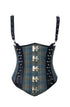 Blue Checkered Cotton Black Leather Straps Gothic Corset Steampunk Costume Waist Training Underbust Bustier Corset Top
