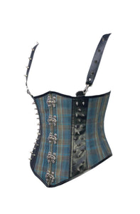 Blue Checkered Cotton Black Leather Straps Gothic Corset Steampunk Costume Waist Training Underbust Bustier Corset Top-