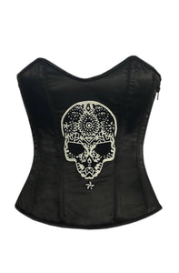 Black Satin Corset Zipper Handmade Sequins Skull Waist Training Overbust Bustier Top-