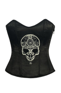 Black Satin Plus Size Corset Zipper Handmade Sequins Skull Overbust Bustier Waist Training Top - CorsetsNmore