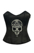 Black Satin Plus Size Corset Zipper Handmade Sequins Skull Overbust Bustier Waist Training Top