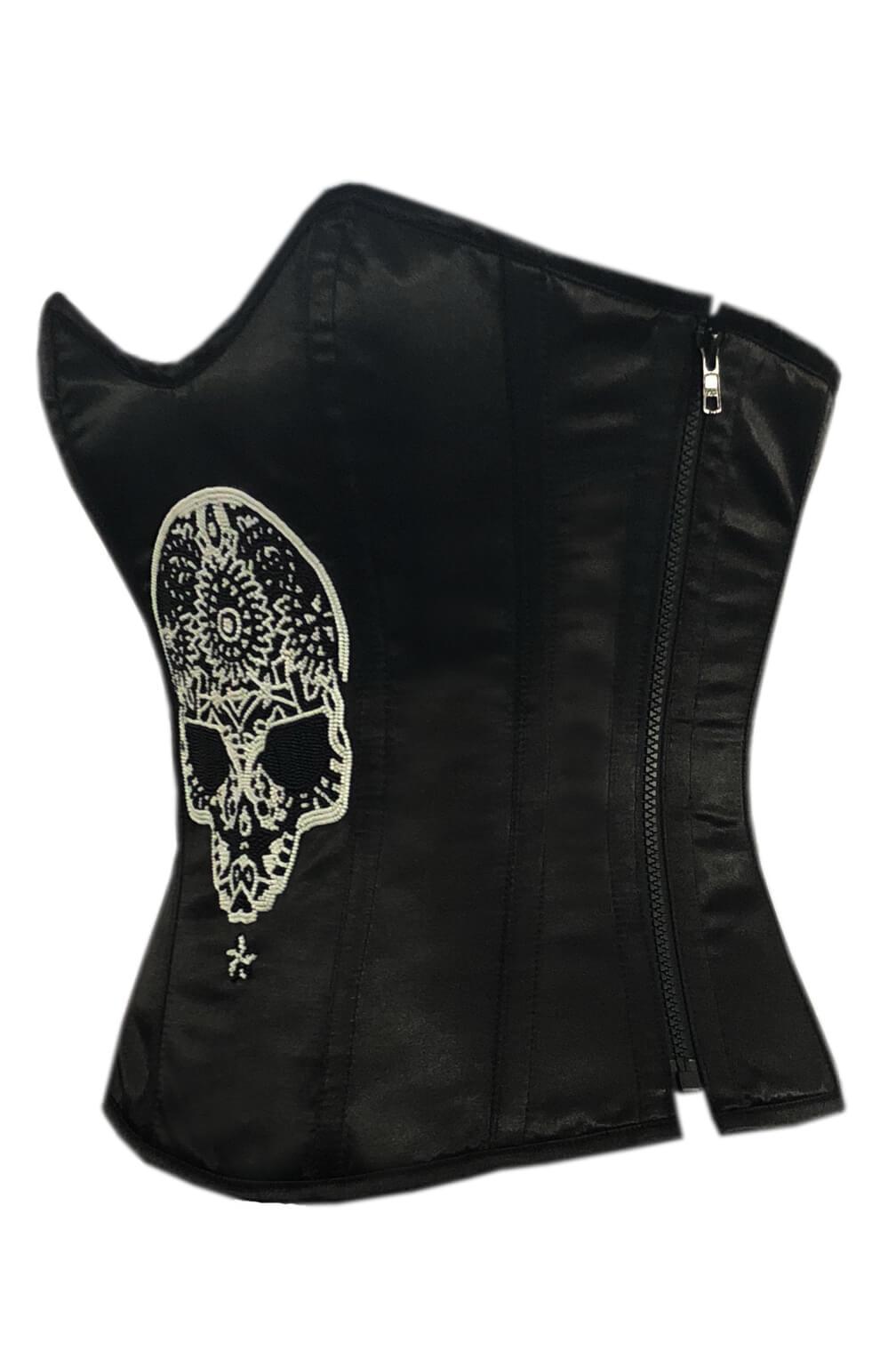 Black Satin Corset Zipper Sequins Skull Overbust Bustier Top
