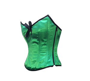 Green Satin Corset Zipper with Black Bow Gothic Burlesque Costume Waist Training Overbust Top-