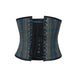 Blue Printed Corset with Black Leather Belt Gothic Costume Waist Cincher Underbust Bustier Top-