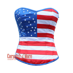 USA Flag Blue Satin with Red and White Stripes Corset Gothic Overbust Top