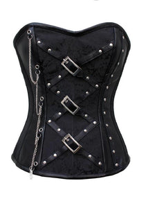 Black Brocade Zigzag Leather Straps Overbust Corset Waist Training Top - CorsetsNmore