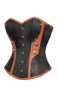 Plus Size Black Satin Corset Brown Faux Leather Halloween Costume Overbust Bustier Top
